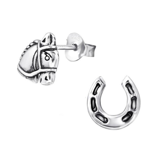 Lófej És Patkó Ezüst Stift Fülbevaló, Oxidált, aszimmetrikus